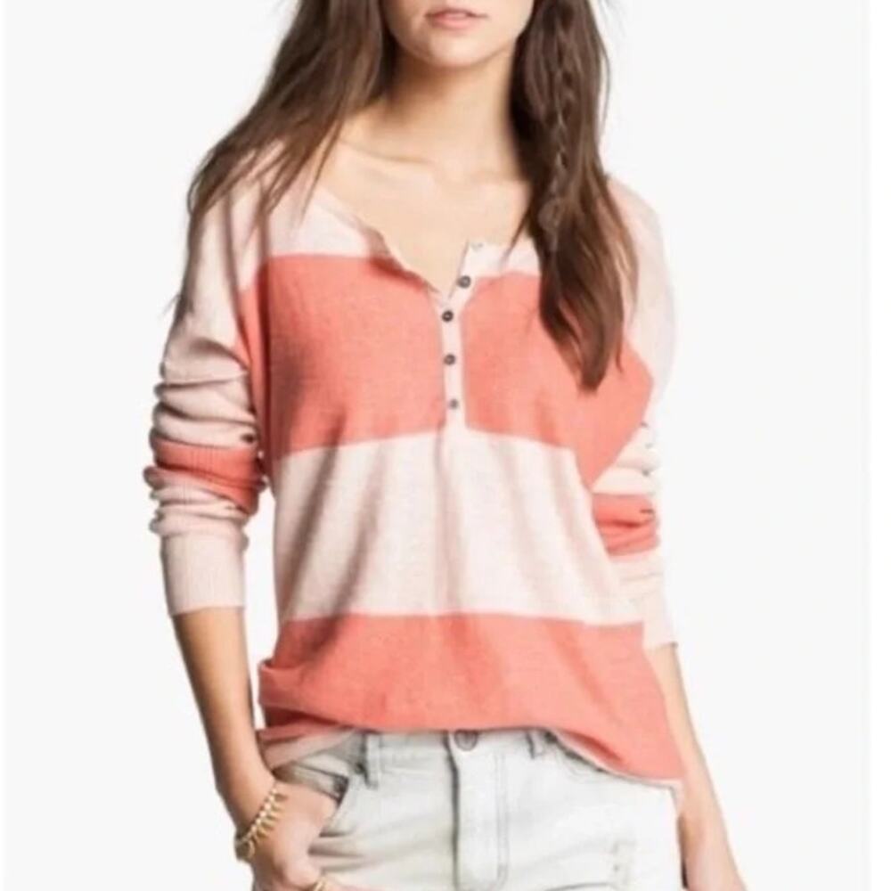 FP Beach Sweater Linen Rugby Stripes Oversized Preppy Lounge Coastal Size M